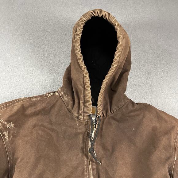 Carhartt Jacket Mens 2XL Brown Hooded Full Zip Up Canvas Quilt Lined Workwear - Picture 2 of 12